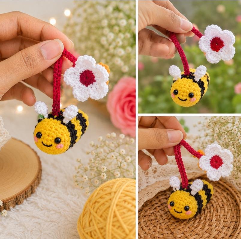 Blooming Bee Crochet Keychain