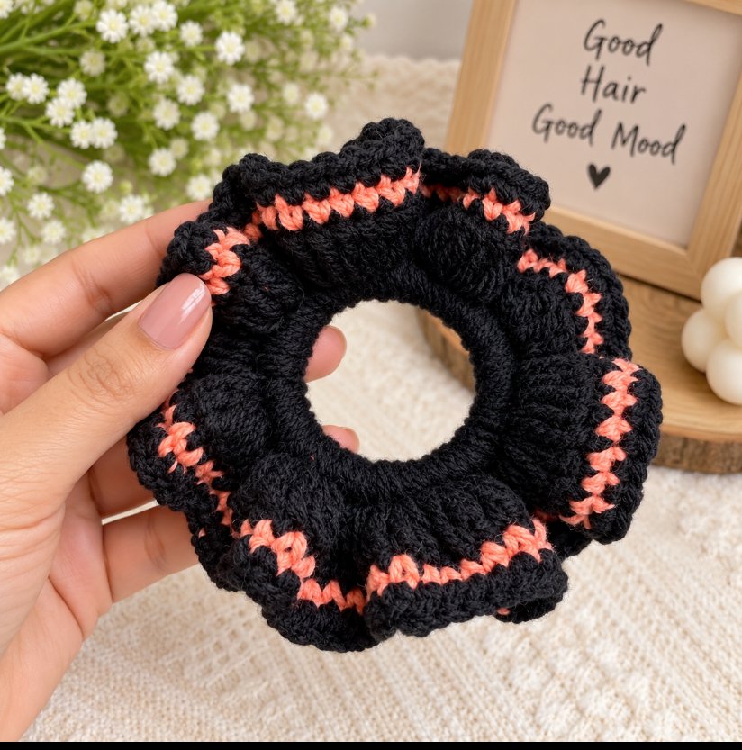 Handmade Black & Peach Crochet Scrunchie