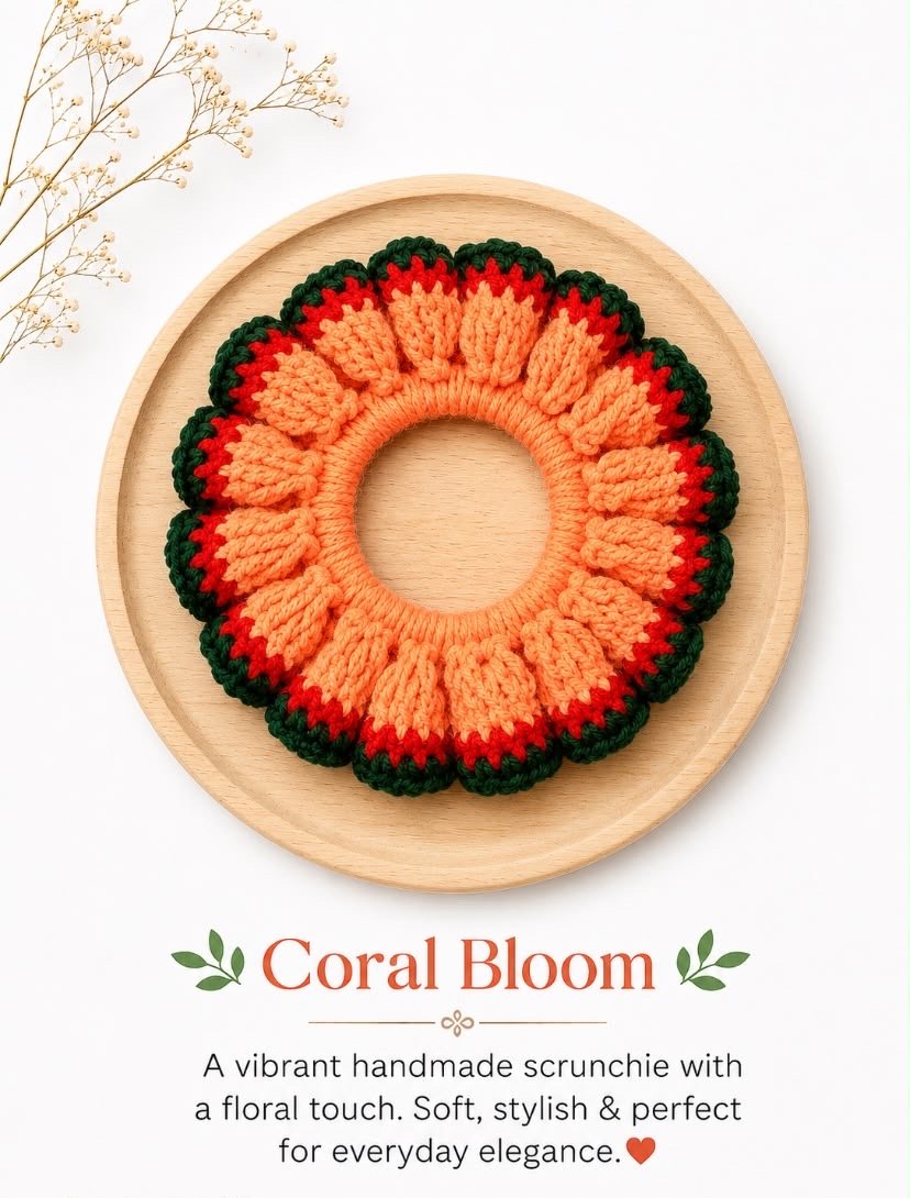 Coral Bloom Crochet Scrunchie