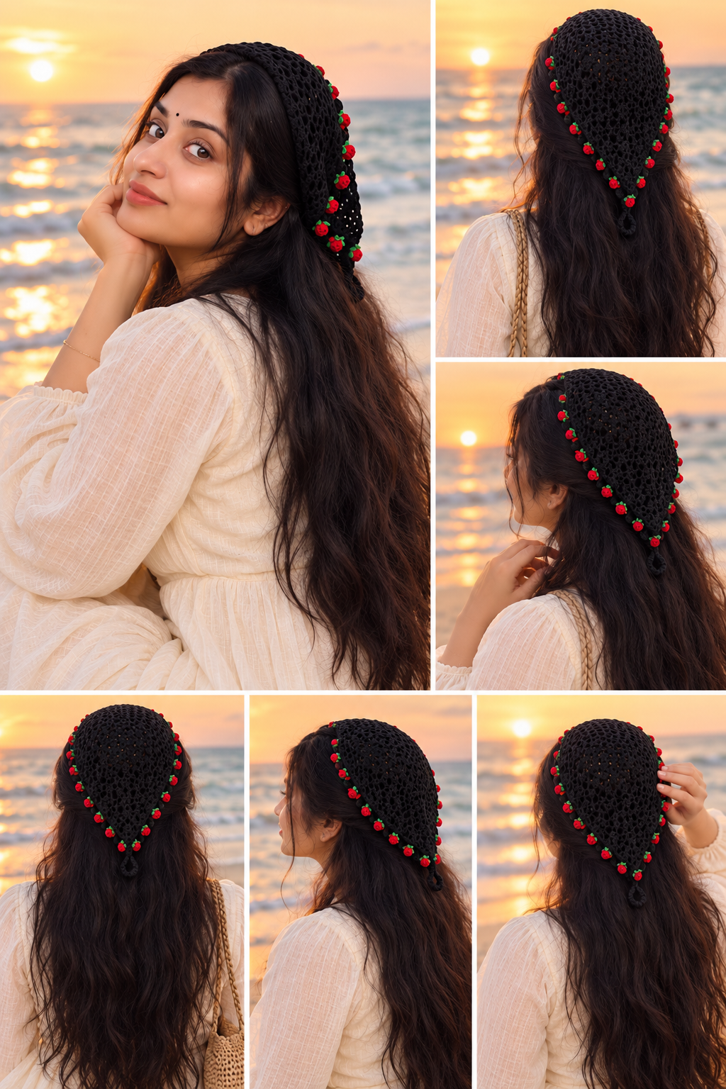 Black Rose Bloom Crochet Hair Scarf photo 2 of 3